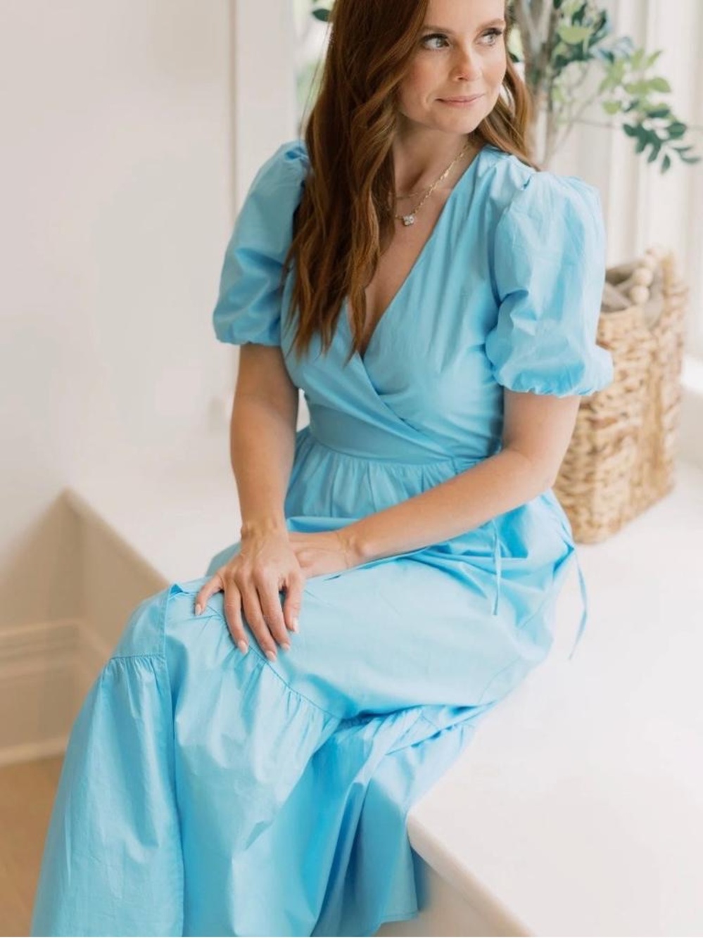 Greylin Bright Blue Wrap Maxi Dress with Puff Sleeves